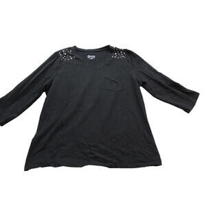 Denim & Co Shirt Womens Medium Black Studded V Neck 3/4 Sleeve Pocket‎ Top